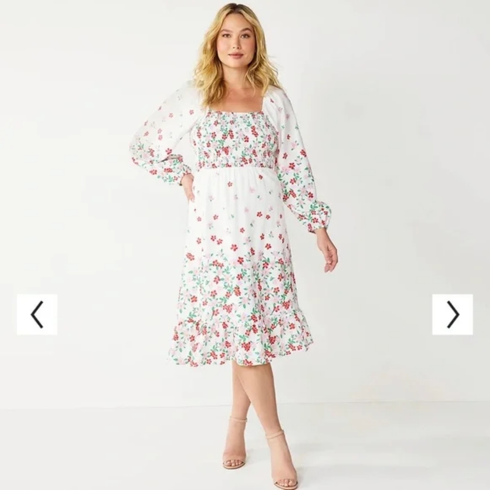 Draper James RSVP Smocked Long Sleeve Midi Dress White Floral Size Large